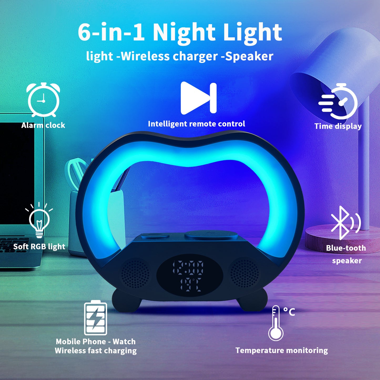 Lampada da tavolo a LED intelligente multifunzione, caricatore wireless, luce notturna, altoparlante compatibile bluetooth